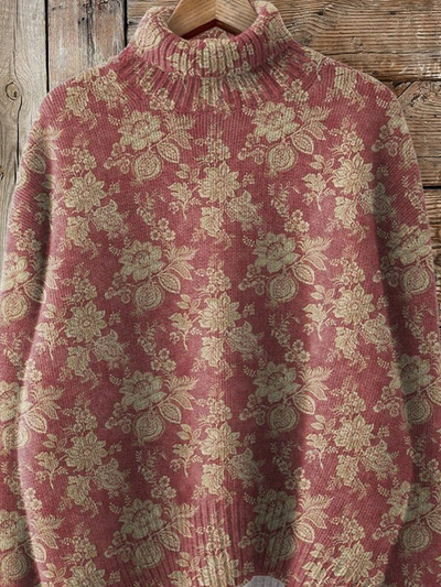 Rose | Retro Rose Print Turtleneck Sweater