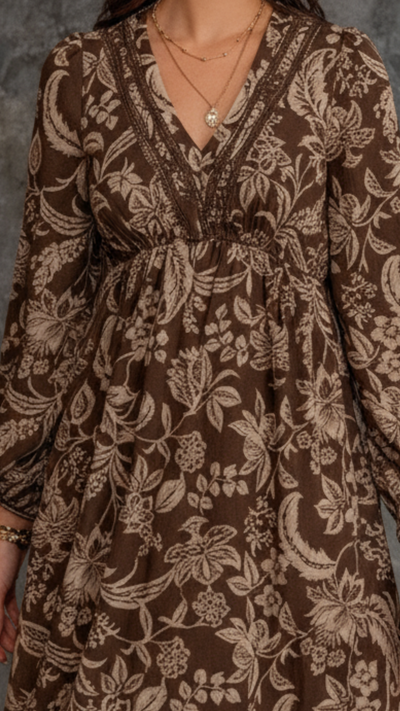 Alicia | Bohemian dress with floral lace V-neck